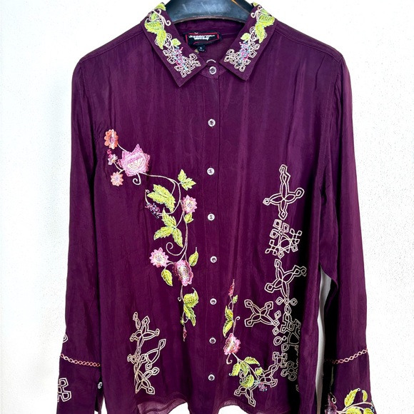 Johnny Was Tops - Johnny Was ,Purple Embroidered Button-Up Shirt